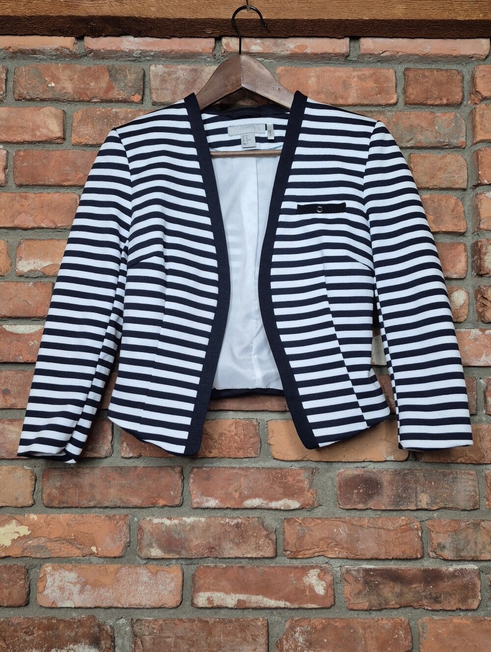 H&M Breton Stripe Cropped Blazer Nautical Open Front Tailored Structured Jacket - Picture 2 of 8